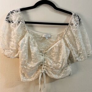 Topshop Cream Lace Puff Sleeve Tie Front  Crop Top